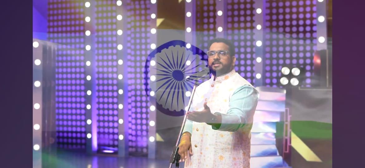 Patriotic vocal performance on illuminated stage set